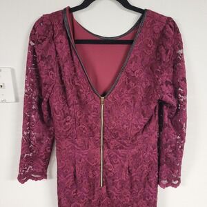 Cache Lace Zipper Front Midi Dress Burgundy Long Sleeve V Neck L